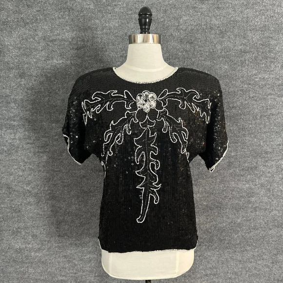 Sarin New York Tops - Vintage Sarin Sequin Top Womens S / M Beaded Black Silver Floral Silk 80s Blouse